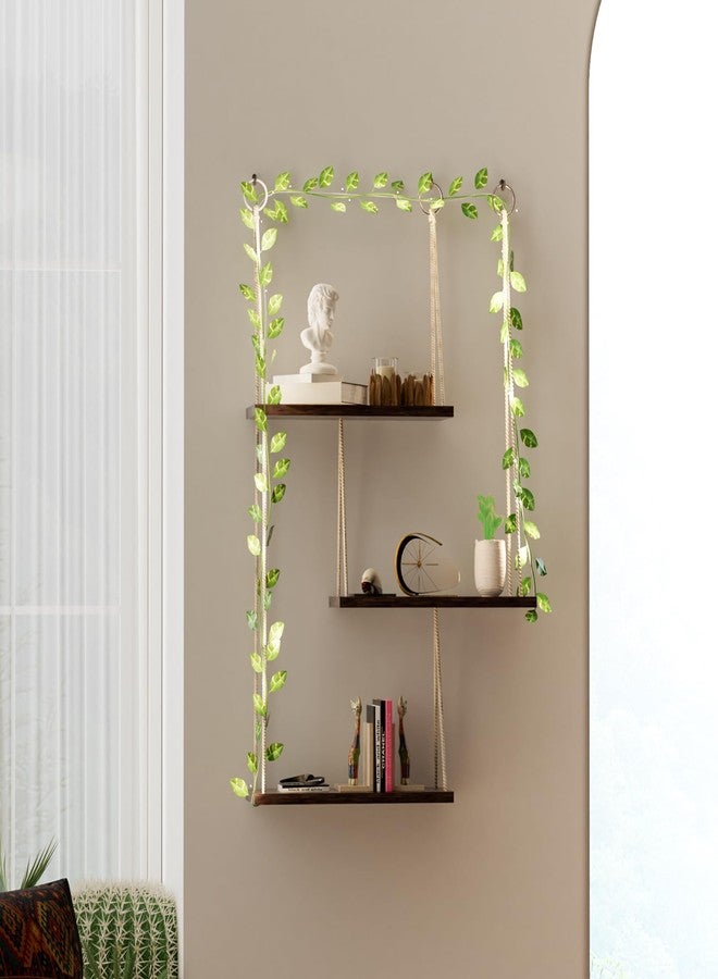 MASHDE Hanging Shelves for Wall, 3 Tier Boho Wall Decor Hanging Shelf with Vine Lights, Rope Rustic Wood Floating Shelves Floral Plant Decor for Bedroom Living Room Dorm Office Women - Image 4
